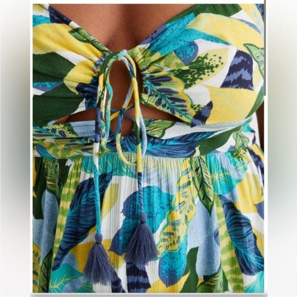 Aerie Paradise Palm Green Blue Halter Cutout Maxi Dress Size Large - Picture 3 of 14